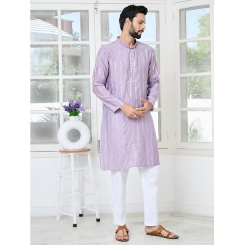 See Designs Men's Full Sleeve Mandarin Collar Lavender Sequins Embroidered Straight Kurta - Sdkt2909M