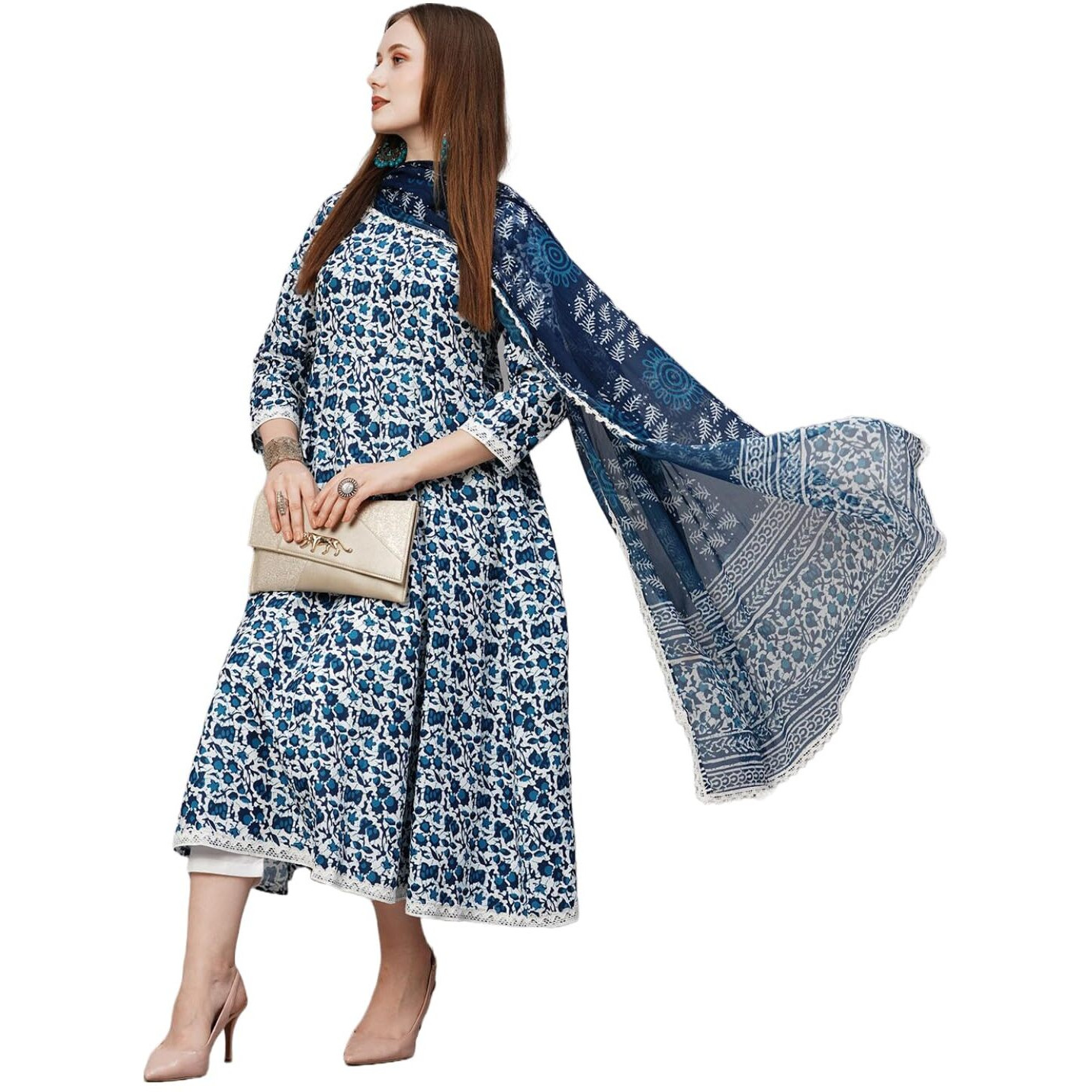 Anni Designer Women's Cotton Blend Anarkali Printed Kurta With Pant & Dupatta (Yutika Blue-Nw_Xxl_Blue_Xx-Large)