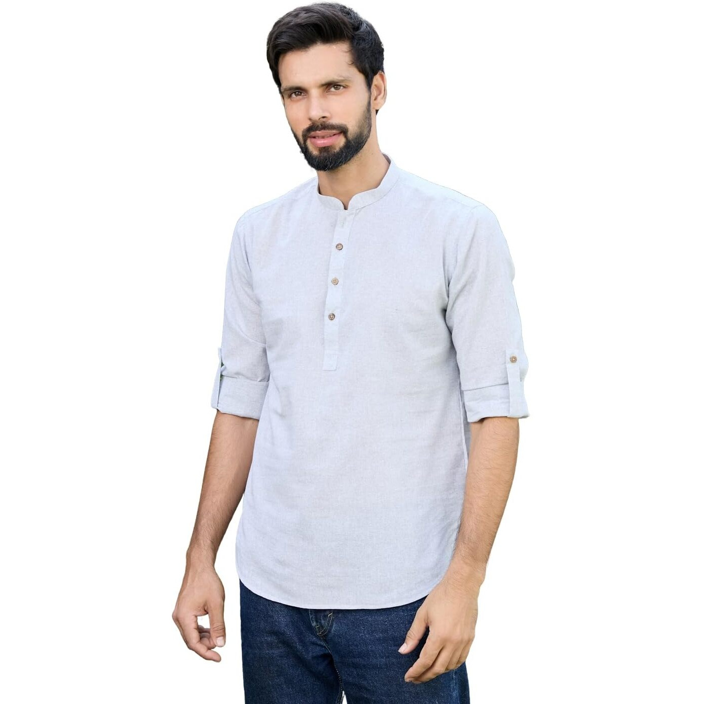 See Designs Men's Roll-Up Sleeve Mandarin Collar Men Light Gray Pure Cotton Short Kurta - Sdkt2966L