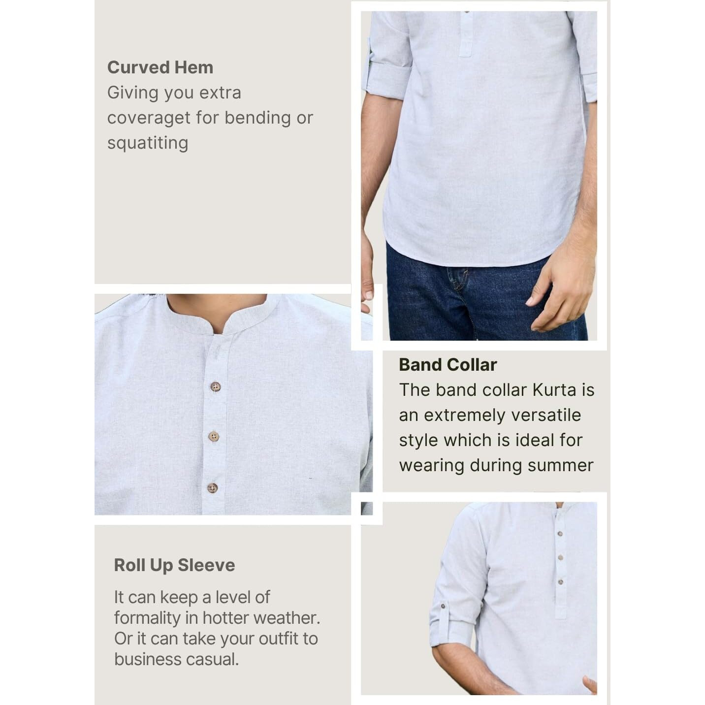 See Designs Men's Roll-Up Sleeve Mandarin Collar Men Light Gray Pure Cotton Short Kurta - Sdkt2966L