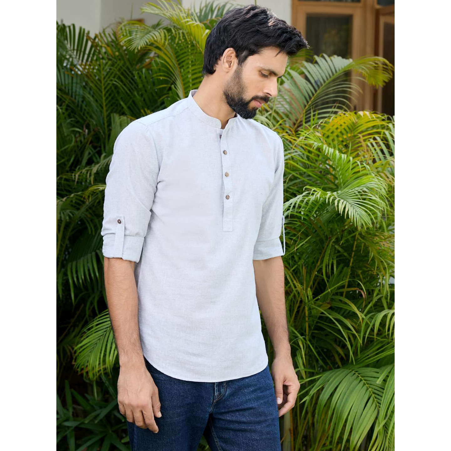 See Designs Men's Roll-Up Sleeve Mandarin Collar Men Light Gray Pure Cotton Short Kurta - Sdkt2966L