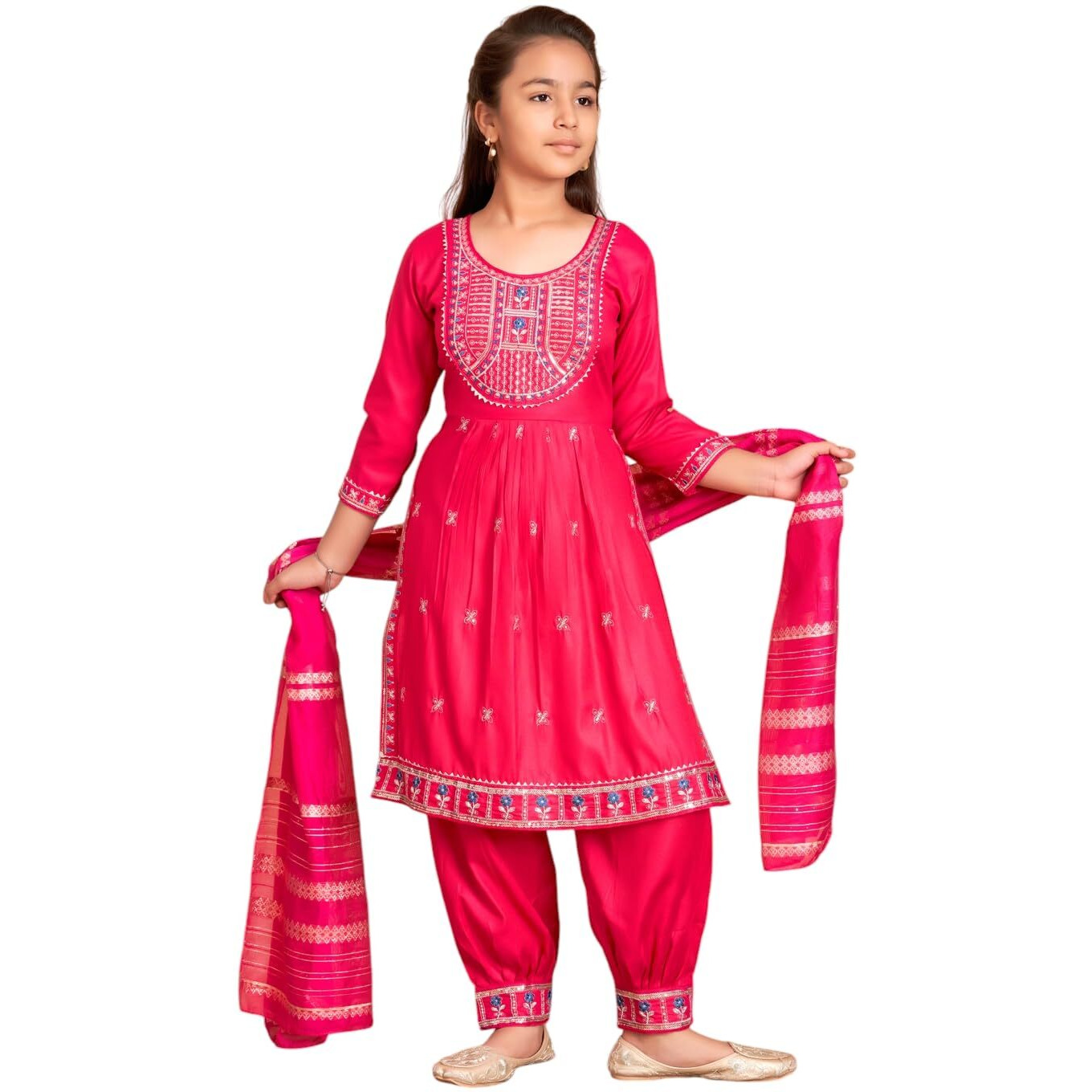 Aarika Girls Ethnic Wear Rani Colour Thread Embroidery Kurti Patiala Set-(4-13 Years)-(Pt-Tr-K-1051-Rani-24)
