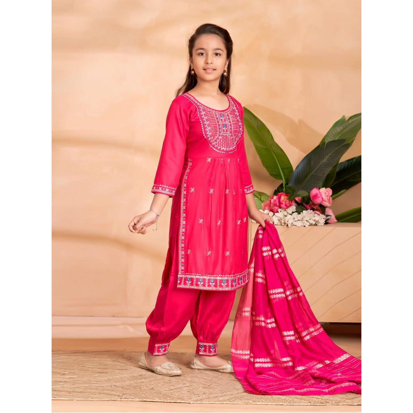 Aarika Girls Ethnic Wear Rani Colour Thread Embroidery Kurti Patiala Set-(4-13 Years)-(Pt-Tr-K-1051-Rani-24)