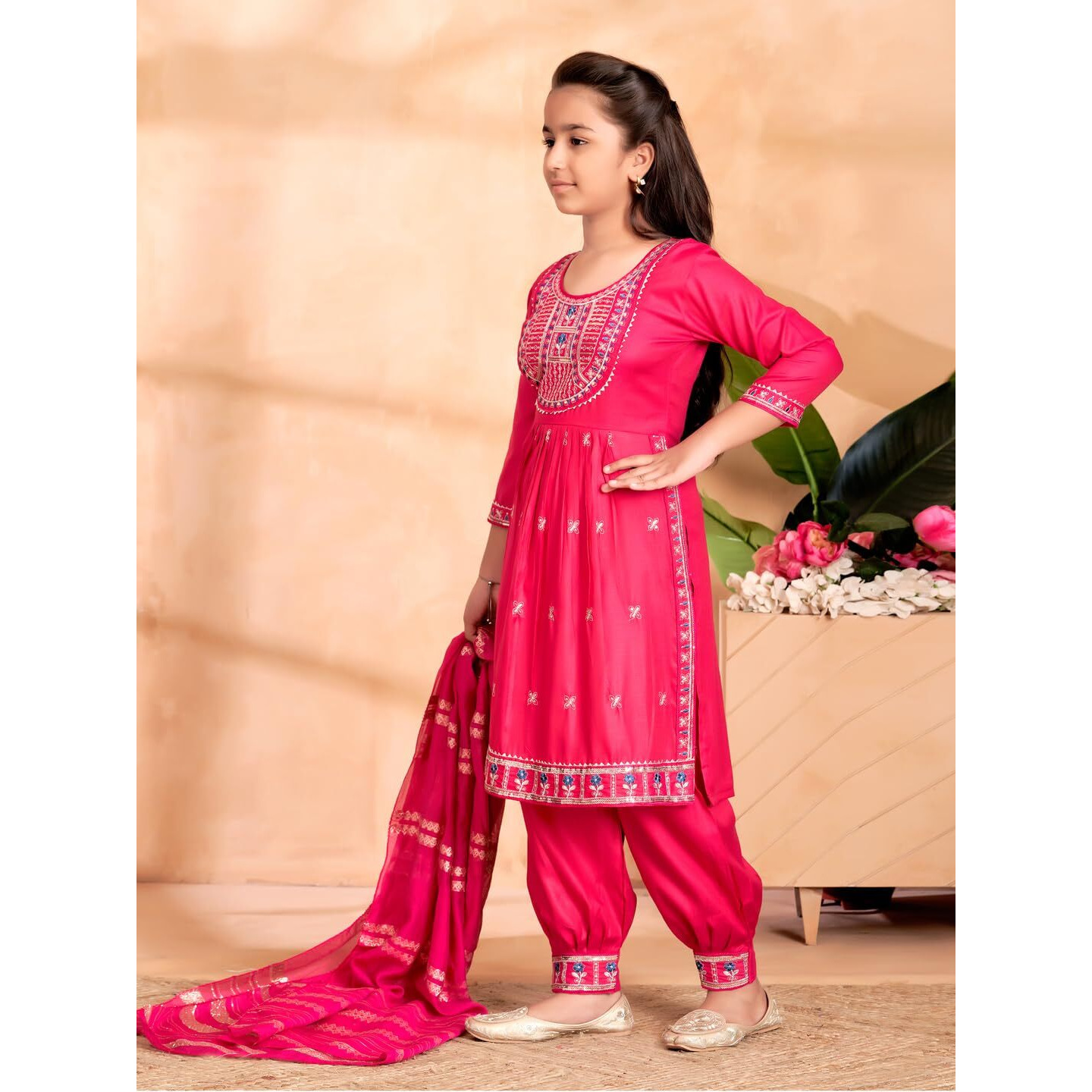Aarika Girls Ethnic Wear Rani Colour Thread Embroidery Kurti Patiala Set-(4-13 Years)-(Pt-Tr-K-1051-Rani-24)