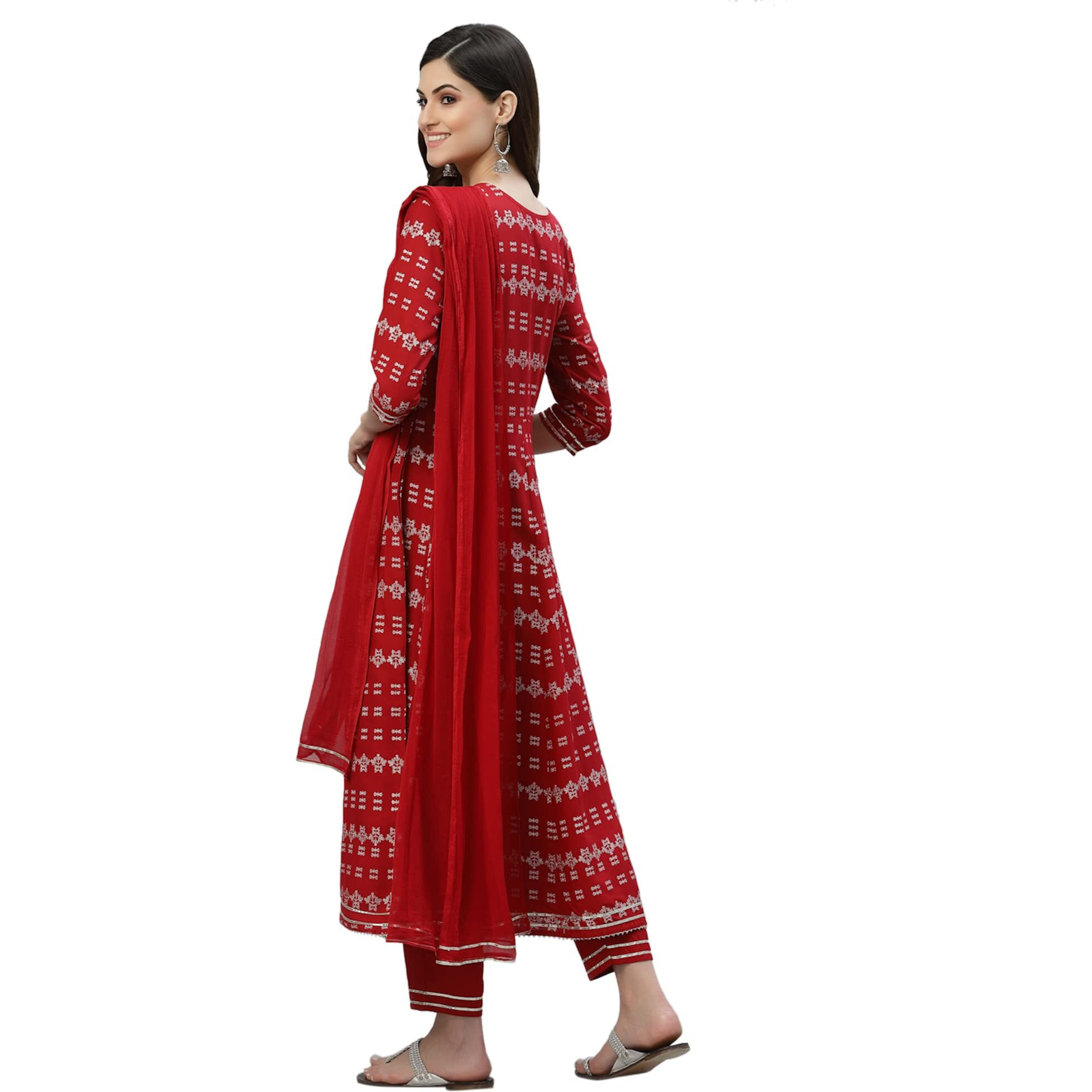 Stylum Women's Printed & Embroidered Rayon Anarkali Kurta Pant Dupatta Set (Kpdredchamki38_Red, M)