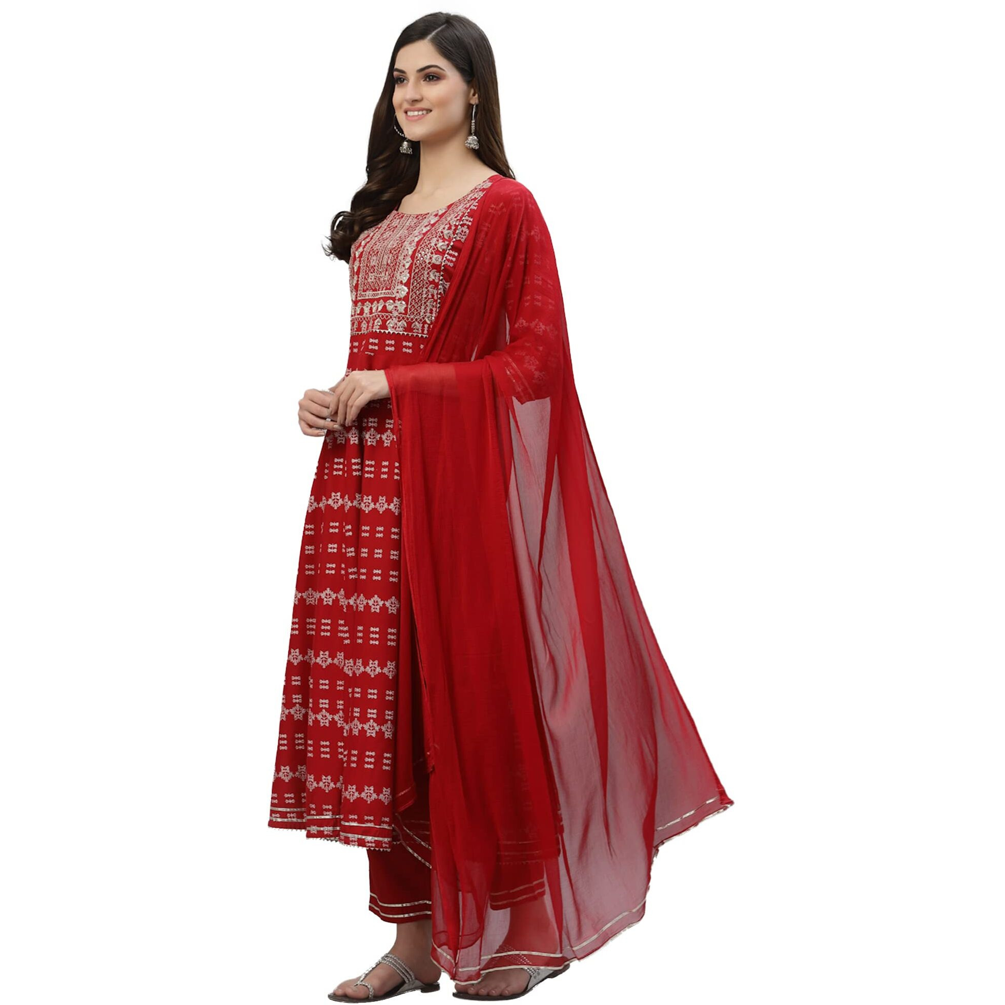 Stylum Women's Printed & Embroidered Rayon Anarkali Kurta Pant Dupatta Set (Kpdredchamki38_Red, M)