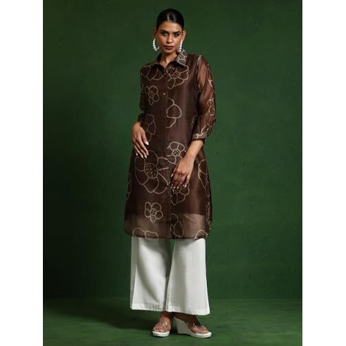 Varanga Women's Chanderi Paisley Regular Fashion Vest (Vkur2048_Brown