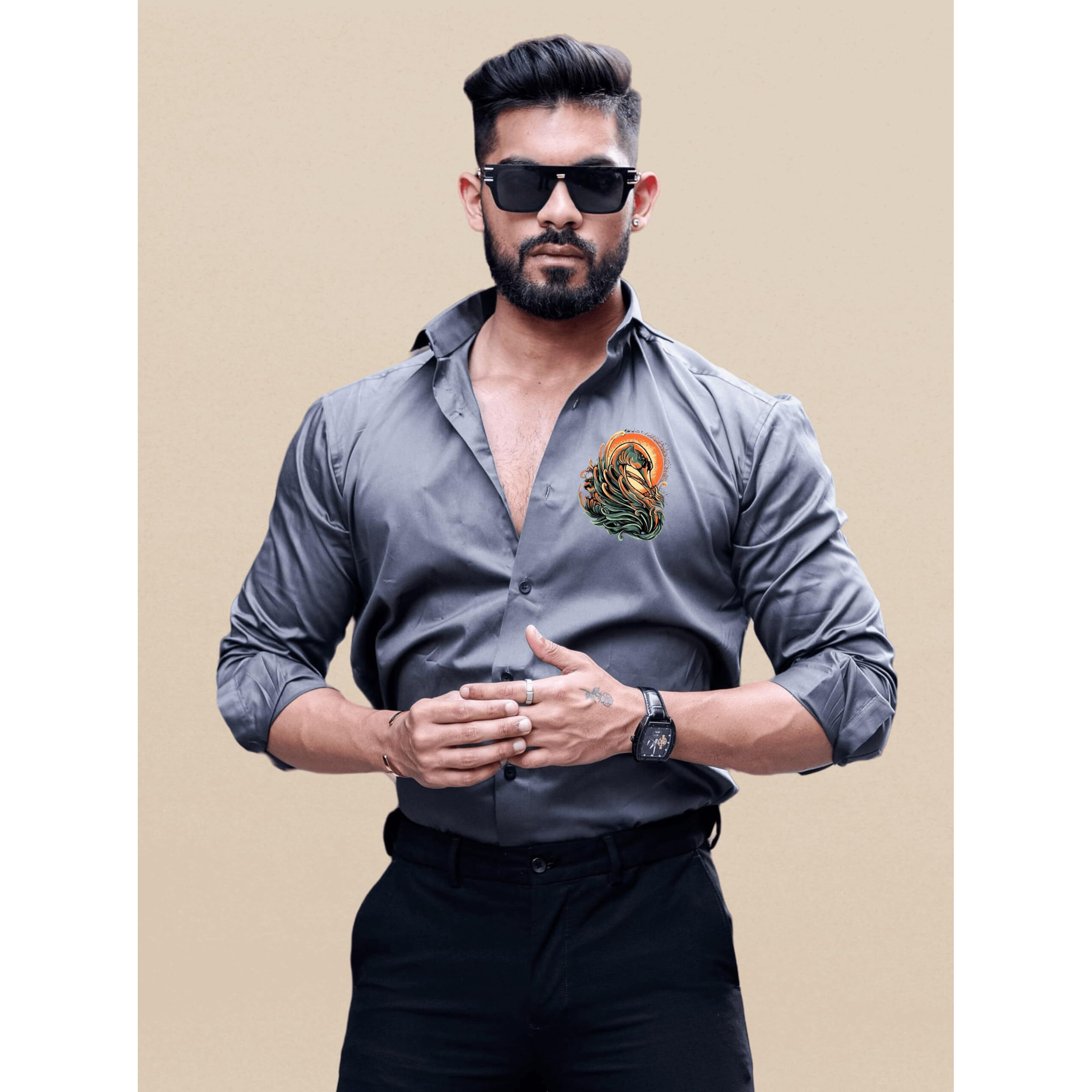 Indoprimo Men's Stylish Solid Satin Casual Shirt For Men Full Sleeve - Bird Darkgrey
