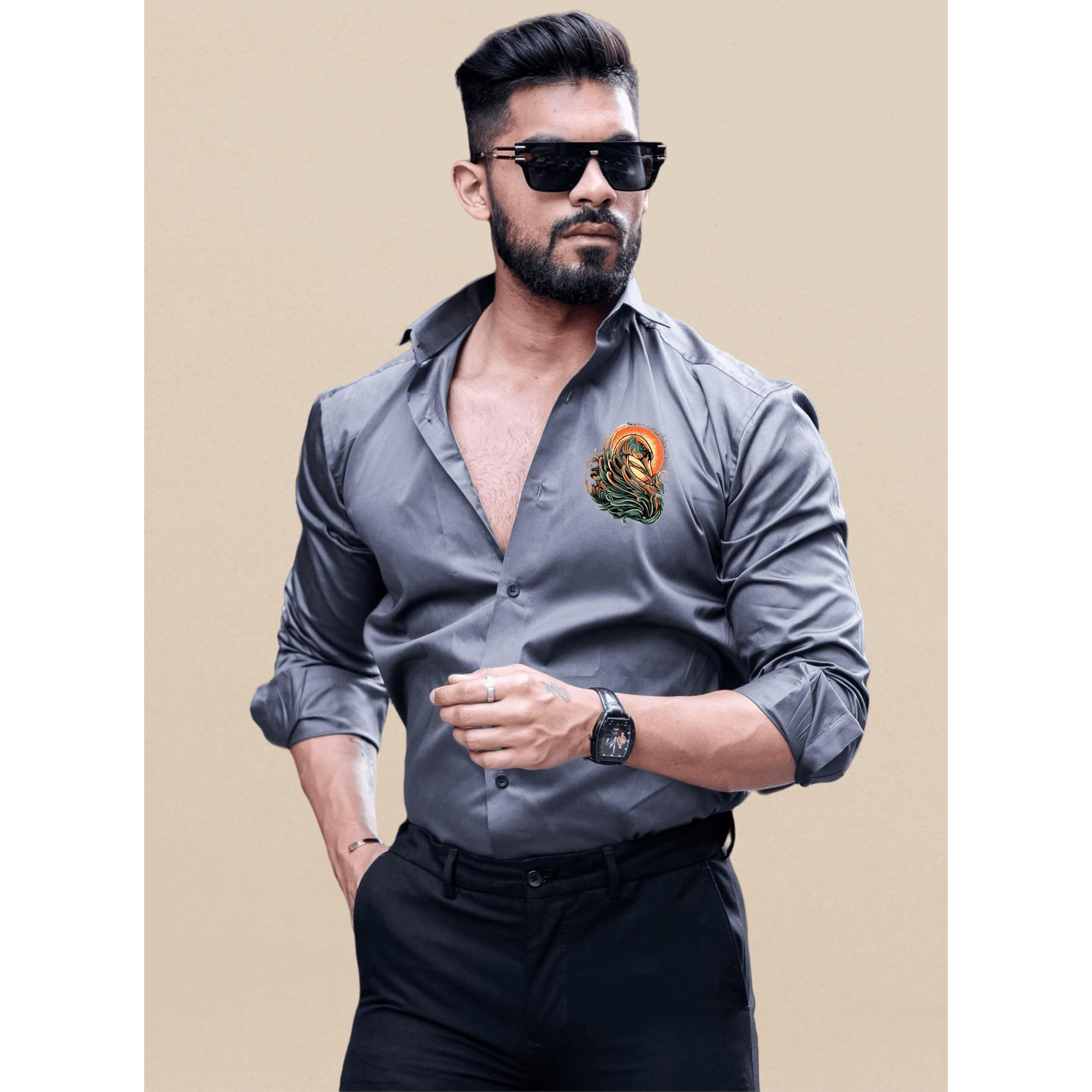 Indoprimo Men's Stylish Solid Satin Casual Shirt For Men Full Sleeve - Bird Darkgrey