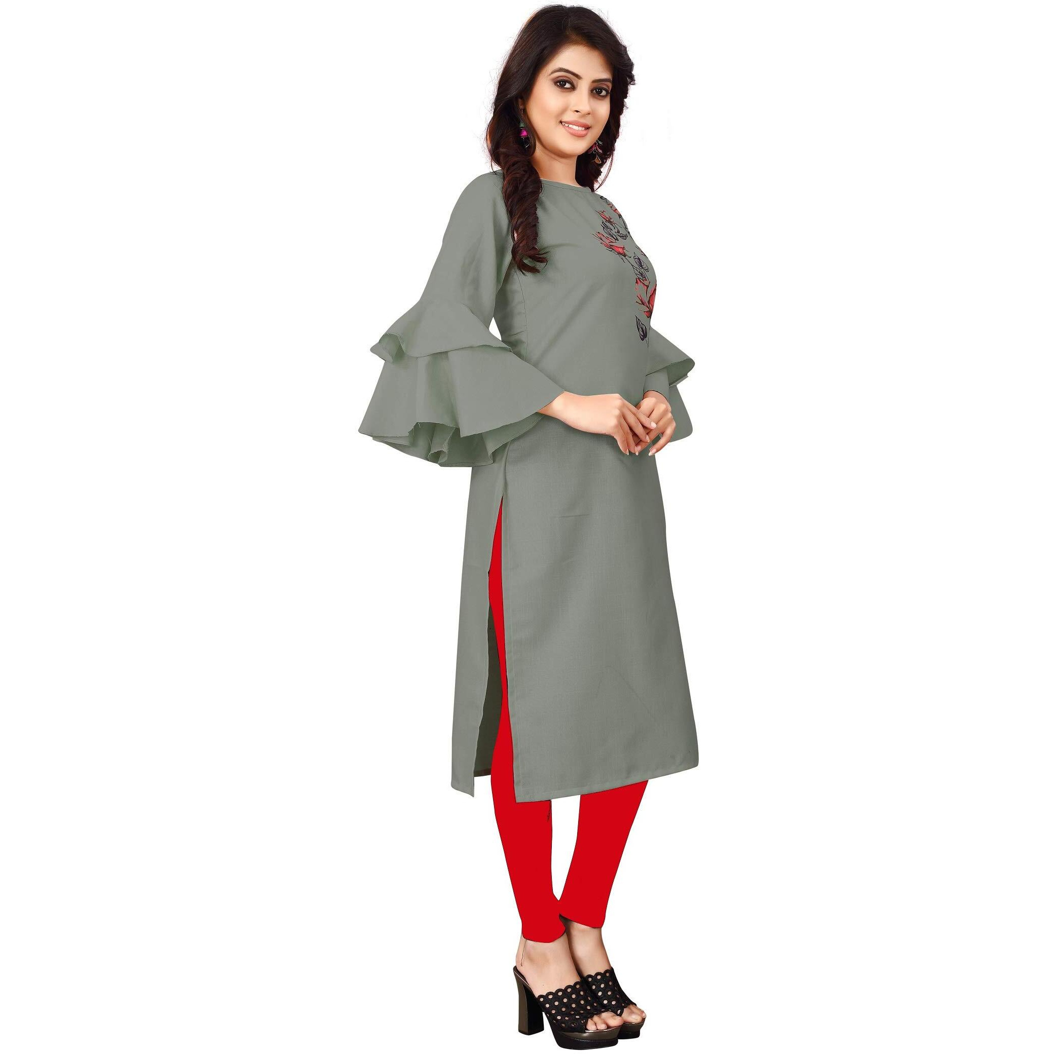 Om Sai Latest Creation Slub-Rayon 3/4 Sleeve Printed A-Line Kurti For Women (X-Large, Mahendi Green)