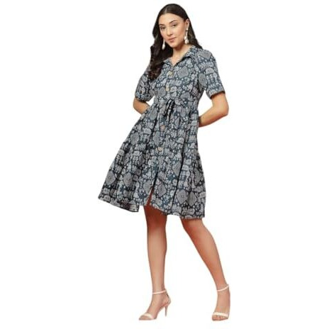 Stylum Women's Bagru Printed Cotton Flared Dress (Drsbluemax44_Blue, Xxl)