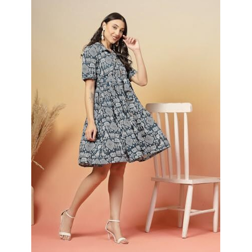 Stylum Women's Bagru Printed Cotton Flared Dress (Drsbluemax44_Blue, Xxl)