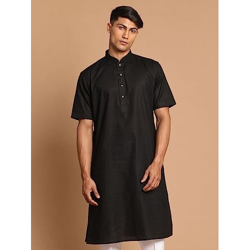 Vastramay Men's Black Cotton Linen Kurta-Vasmk140Bl_42