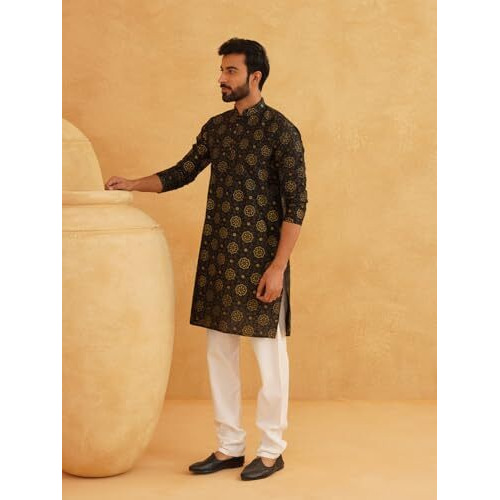 Sojanya (Since 1958 Men's Silk Blend Printed Black Kurta & Off White Churidar Pyjama Set