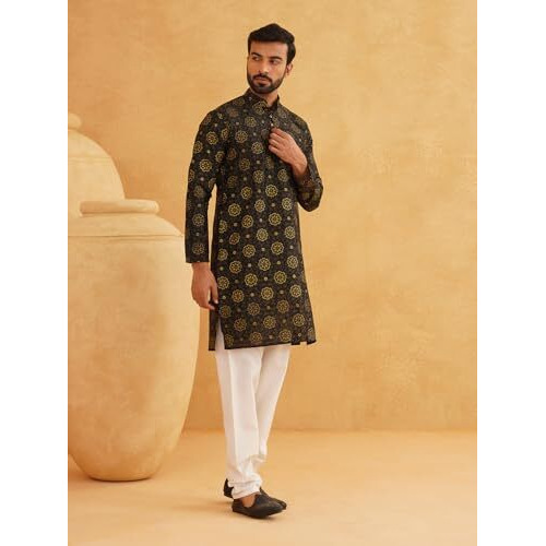 Sojanya (Since 1958 Men's Silk Blend Printed Black Kurta & Off White Churidar Pyjama Set