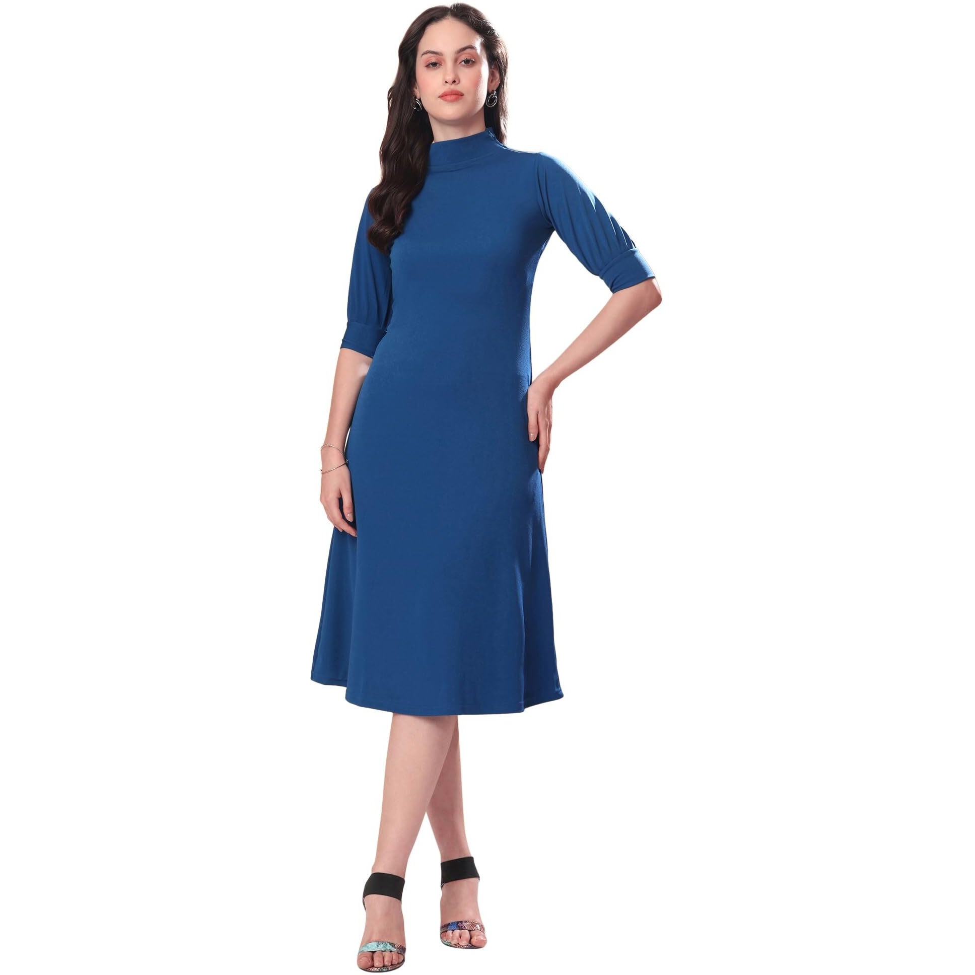 Purvaja Womens A-Line Knee Length Dress (Bely-128_Dark Blue_Small)
