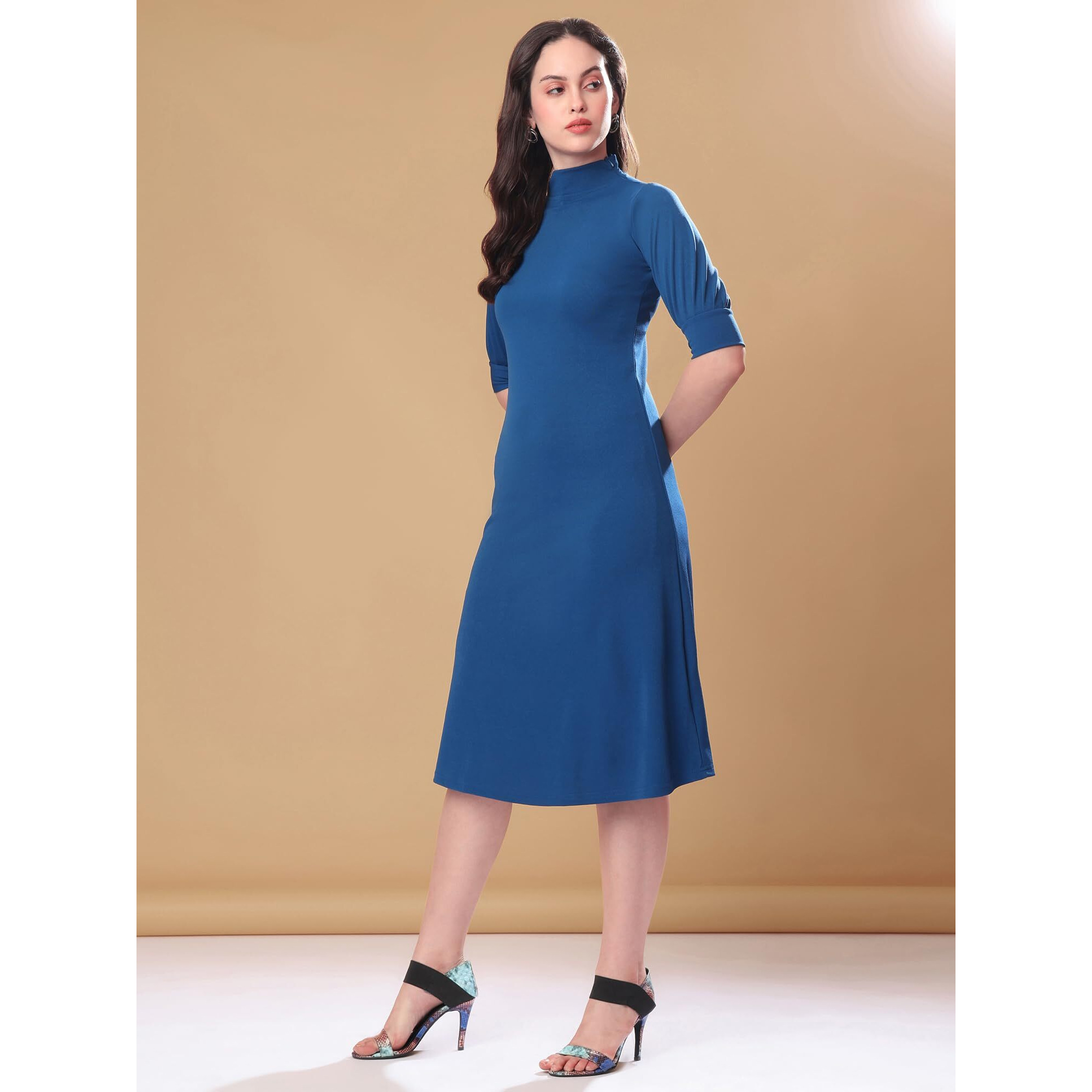 Purvaja Womens A-Line Knee Length Dress (Bely-128_Dark Blue_Small)