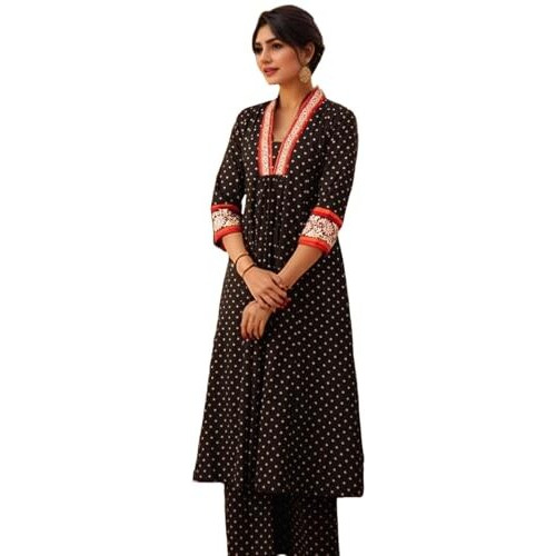 Gosriki Women's Rayon Viscose Anarkali Printed Kurta With Pant (Karidos Black-Vks07-Gs_Xxl_Black_Xx-Large)