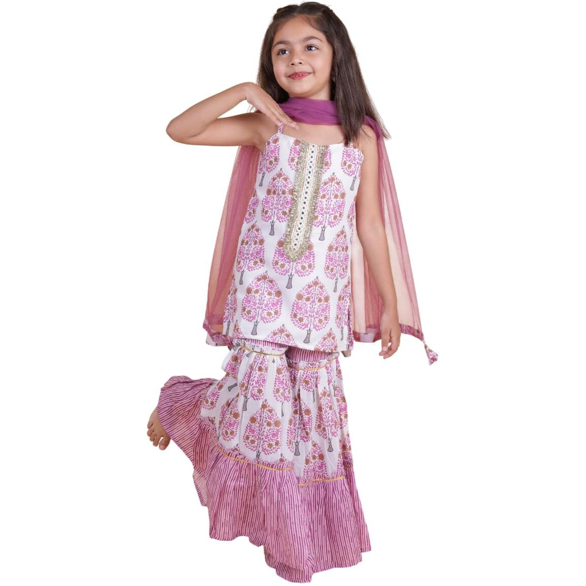 Tagas Rayon Sleeveless Top And Sarara Printed Set With Dupatta | Traditional Ethnic Wear For Girls Dress ((Ke)-1200-Purple-11_Purple