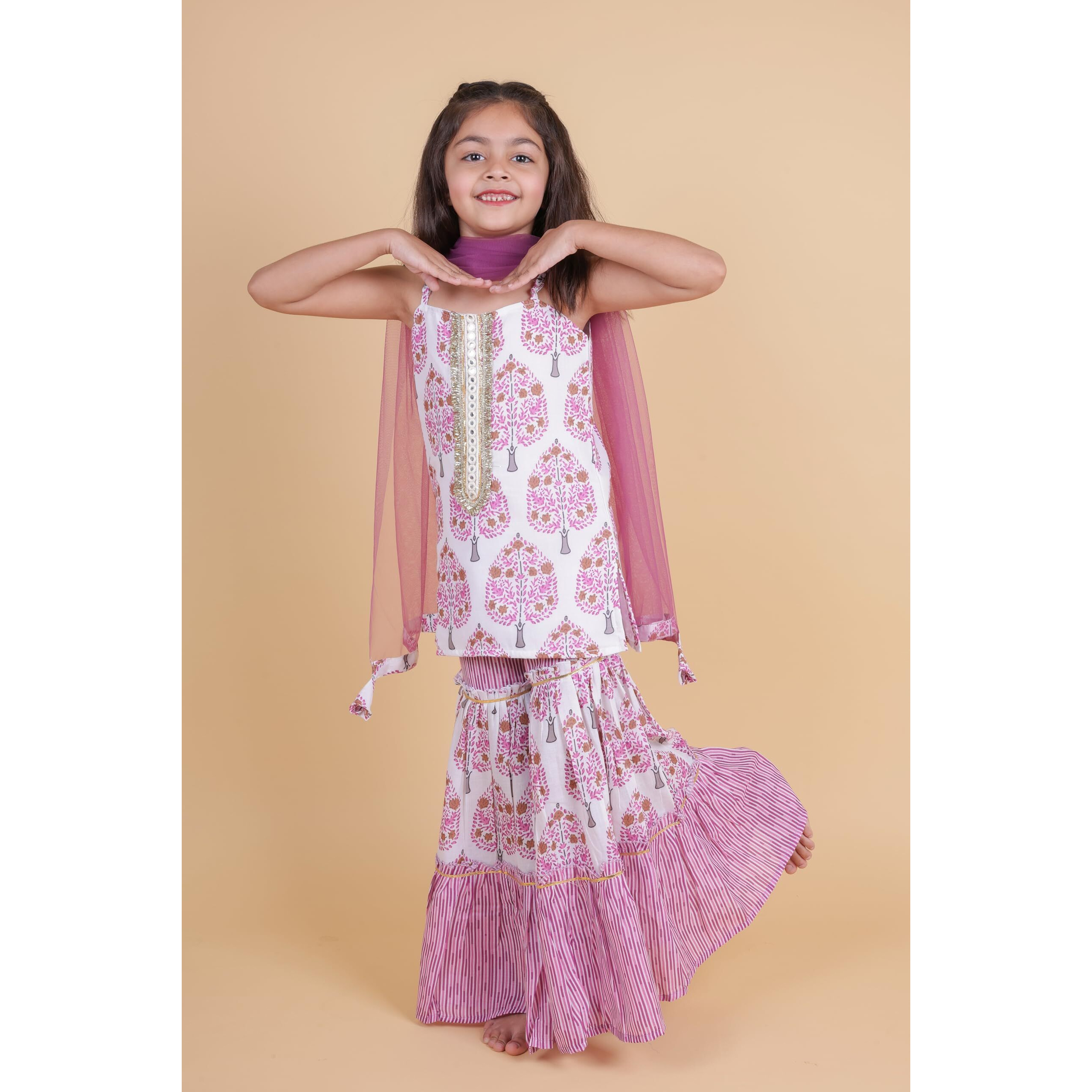Tagas Rayon Sleeveless Top And Sarara Printed Set With Dupatta | Traditional Ethnic Wear For Girls Dress ((Ke)-1200-Purple-11_Purple