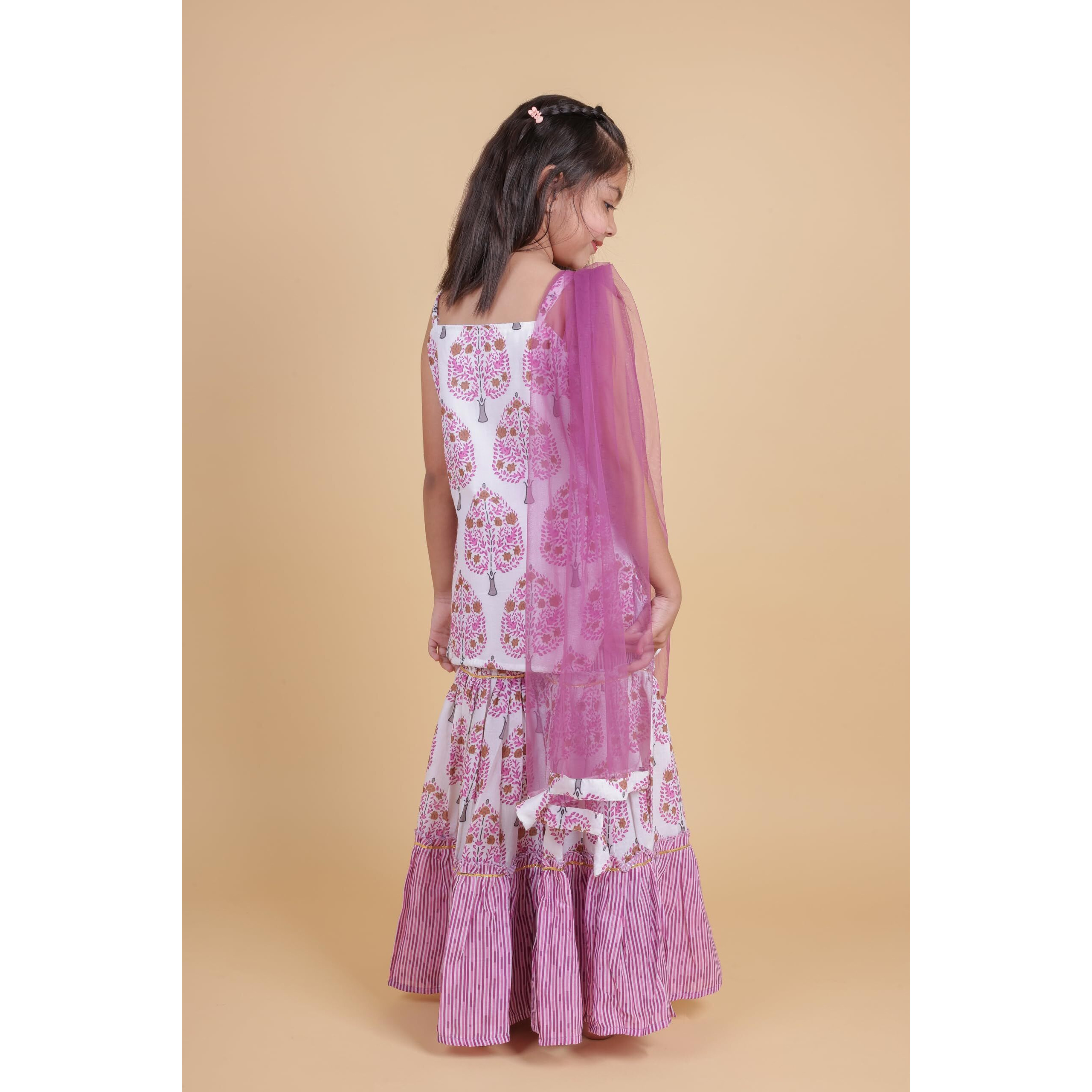 Tagas Rayon Sleeveless Top And Sarara Printed Set With Dupatta | Traditional Ethnic Wear For Girls Dress ((Ke)-1200-Purple-11_Purple