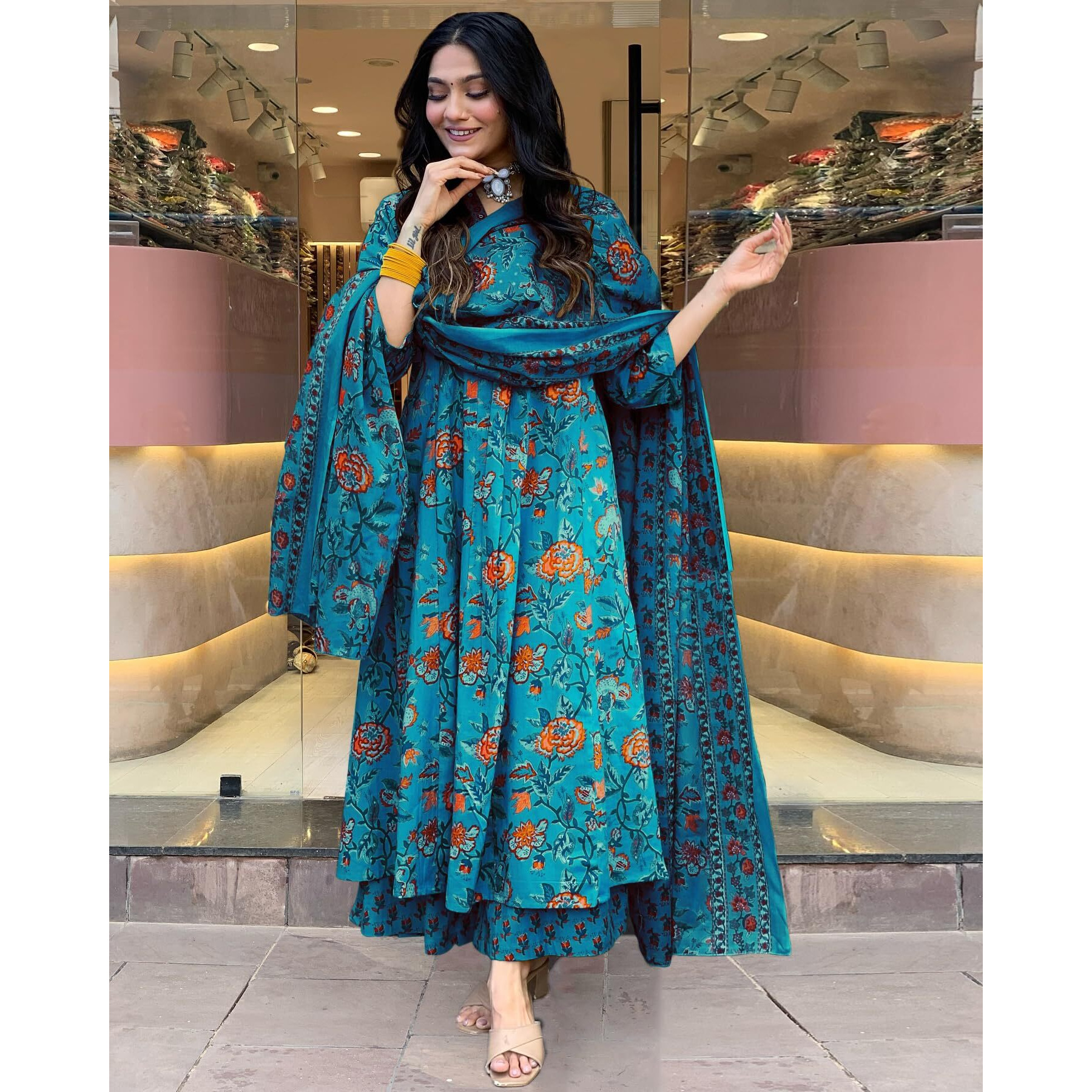 Gosriki Women's Rayon Viscose Anarkali Printed Kurta With Palazzo & Dupatta (Cia Sky Blue-Gs_S_Sky Blue_Small)