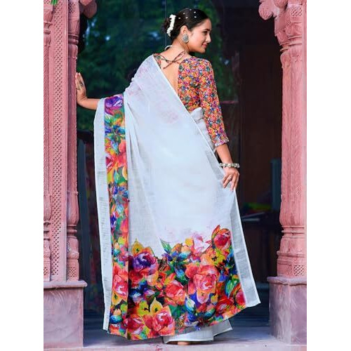 Satrani Women's Cotton Linen Zari Border Printed Saree With Unstitched Blouse Piece (4301S107N_White & Multi1)