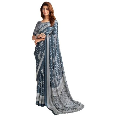 Satrani Women's Satin Georgette Printed Saree With Unstitched Blouse Piece (3870S122N_Steel Grey)