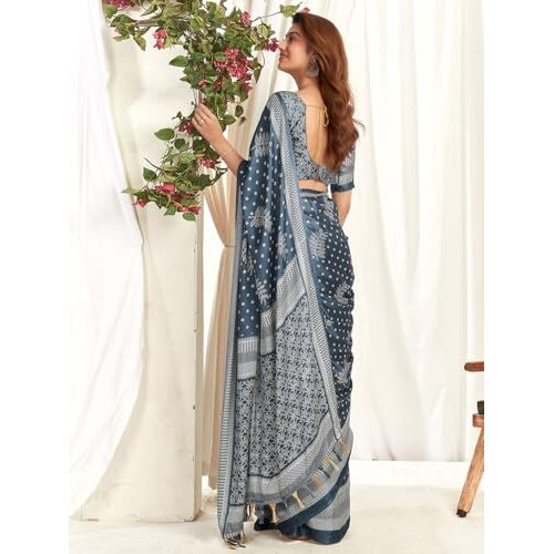 Satrani Women's Satin Georgette Printed Saree With Unstitched Blouse Piece (3870S122N_Steel Grey)