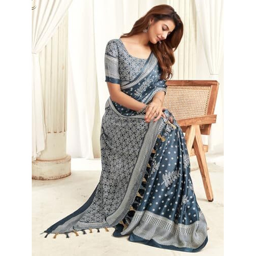 Satrani Women's Satin Georgette Printed Saree With Unstitched Blouse Piece (3870S122N_Steel Grey)