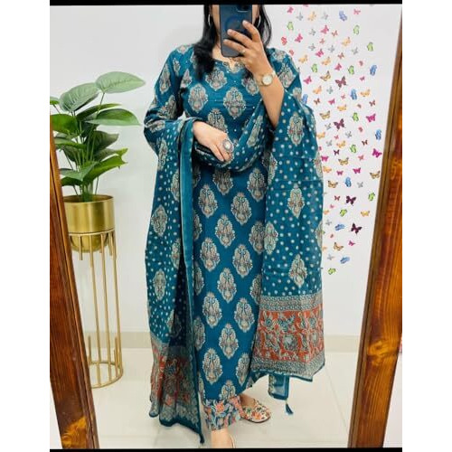 Anni Designer Women's Rayon Viscose Straight Printed Kurta With Pant And Dupatta (Saivi Teal-Jp60_3Xl_Teal_Xxx-Large)