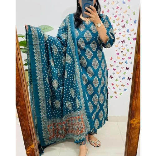 Anni Designer Women's Rayon Viscose Straight Printed Kurta With Pant And Dupatta (Saivi Teal-Jp60_3Xl_Teal_Xxx-Large)