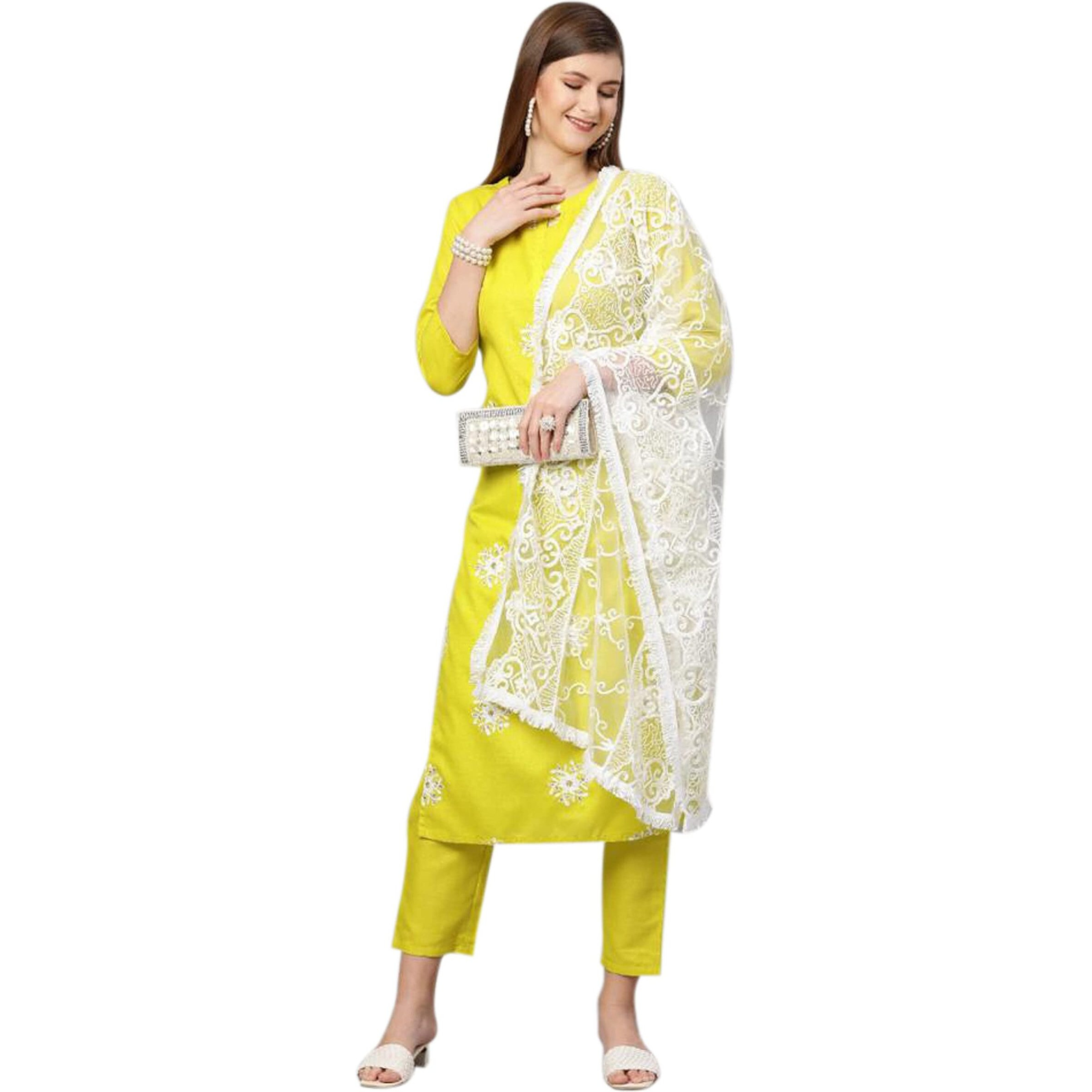 Gosriki Women's Ruby Cotton Straight Embroidery Kurti With Pant & Dupatta Set (White-Show_S-Go)