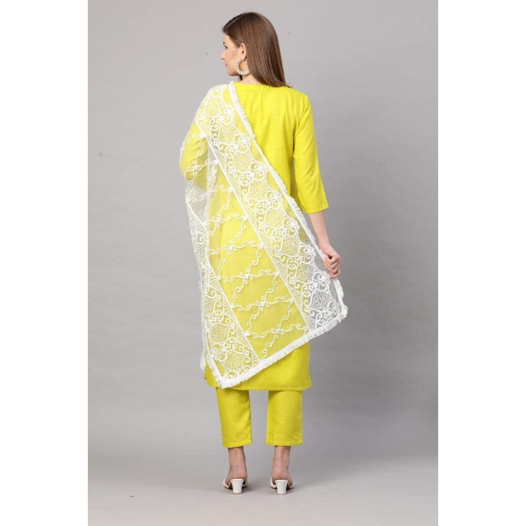 Gosriki Women's Ruby Cotton Straight Embroidery Kurti With Pant & Dupatta Set (White-Show_S-Go)