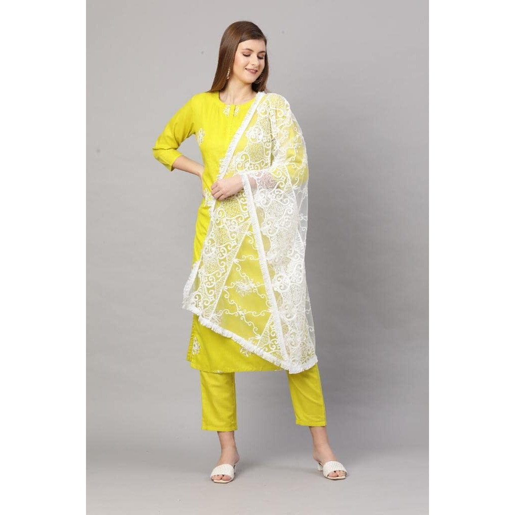 Gosriki Women's Ruby Cotton Straight Embroidery Kurti With Pant & Dupatta Set (White-Show_S-Go)