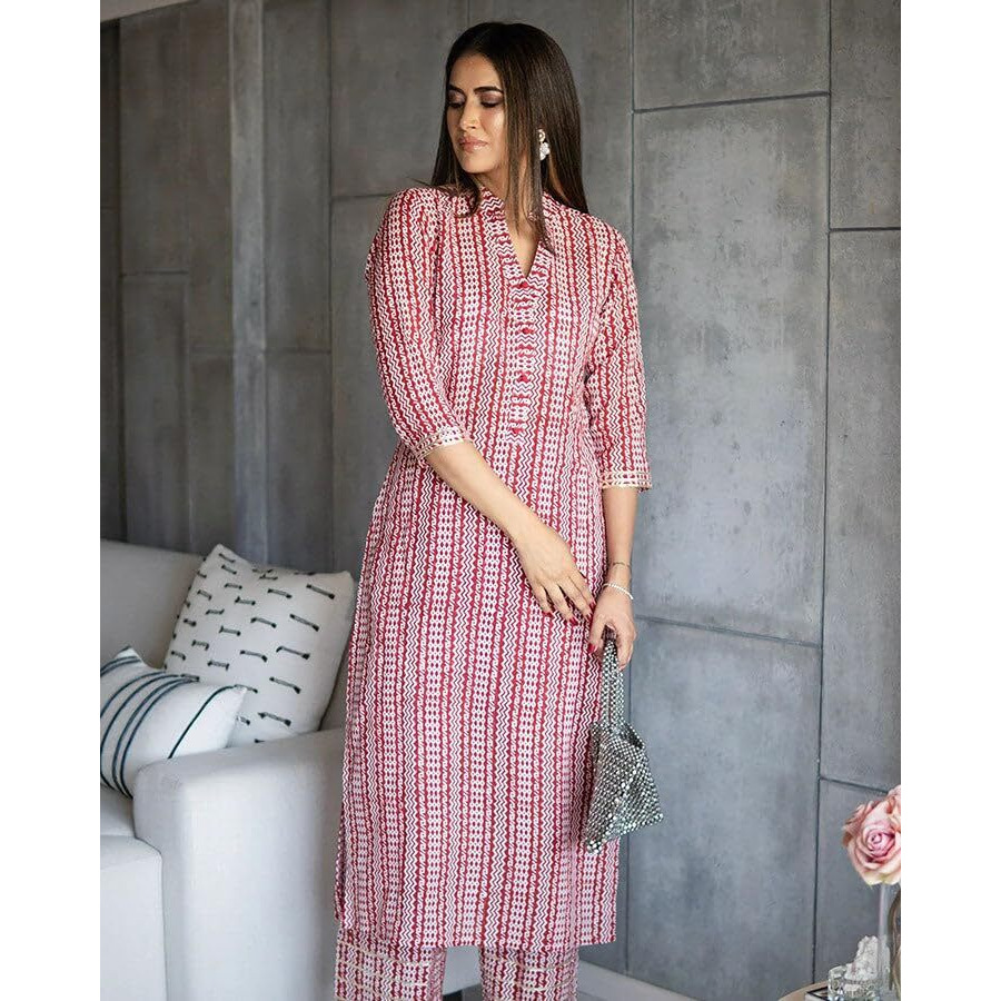 Lookmark Kurta Set Trendy Tradition For Today's Women Stay On-Trend Yet Traditional With Our Cotton Blend Printed Kurti Pant Sets Red