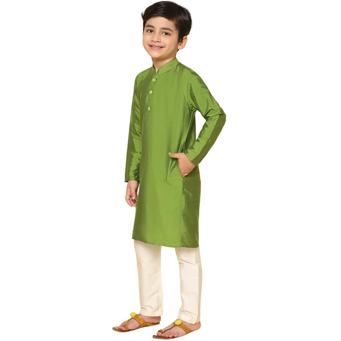 Kisah Kid's Cotton Full Sleeves Regular Fit Knee Length Solid Green Kurta (7-8Y)