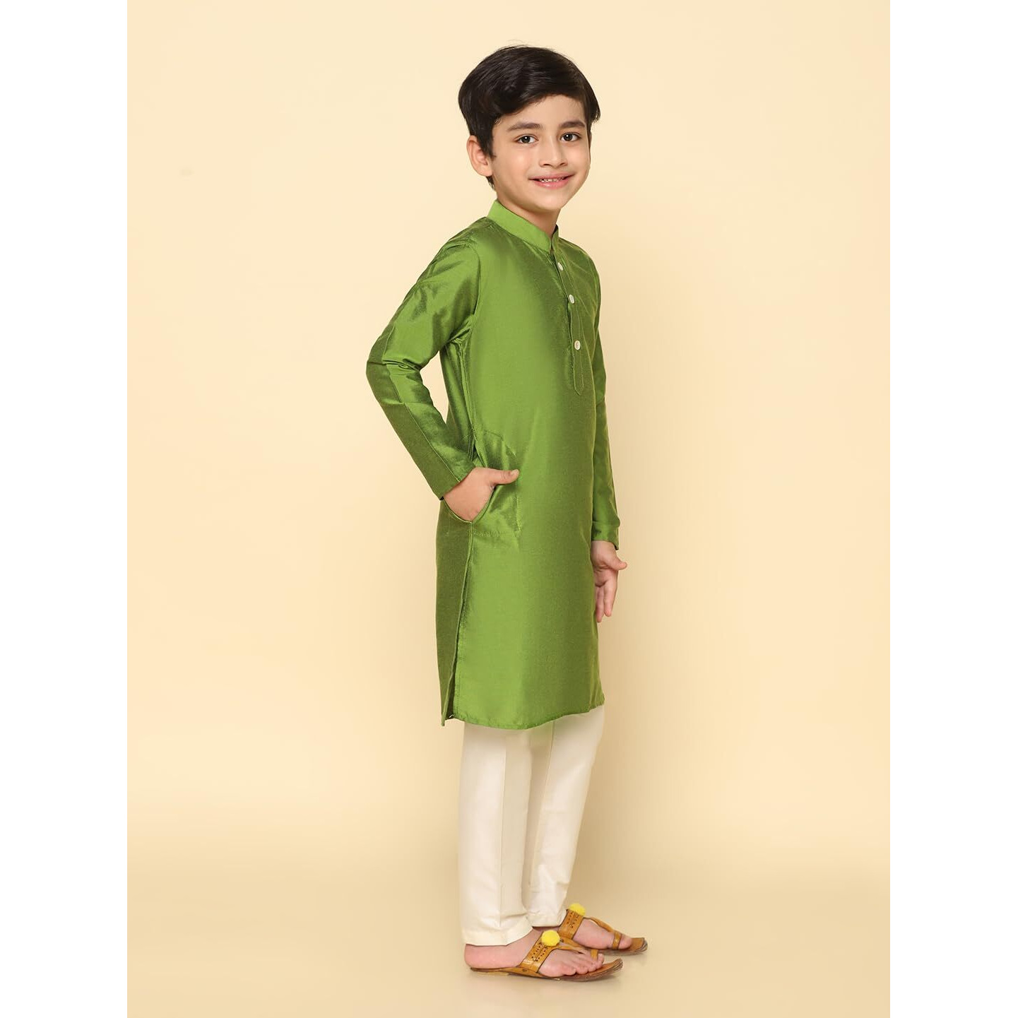 Kisah Kid's Cotton Full Sleeves Regular Fit Knee Length Solid Green Kurta (7-8Y)