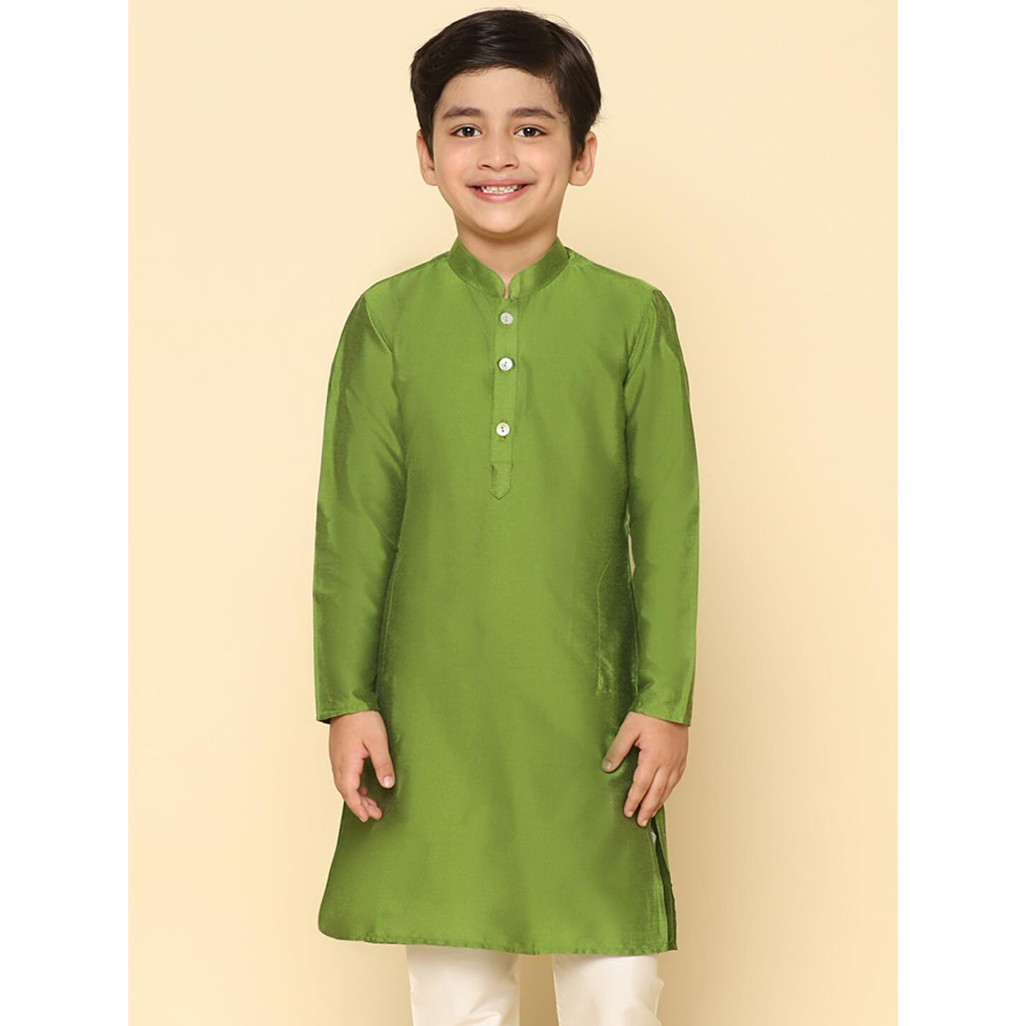 Kisah Kid's Cotton Full Sleeves Regular Fit Knee Length Solid Green Kurta (7-8Y)