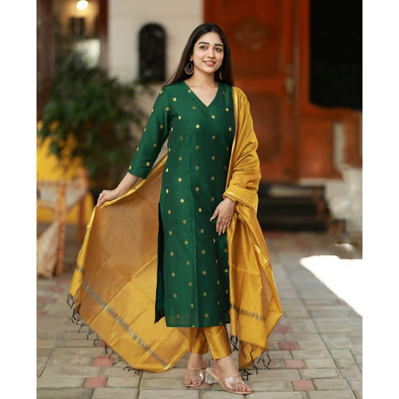 Gosriki Women's Rayon Viscose Straight Printed Kurta With Pant & Dupatta (Sdf Green-Gs_L_Green_Large)