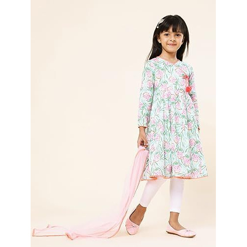 A.T.U.N. (All Things Uber Nice) Girls Printed Angrakha Pure Cotton Kurta With Leggings & Dupatta