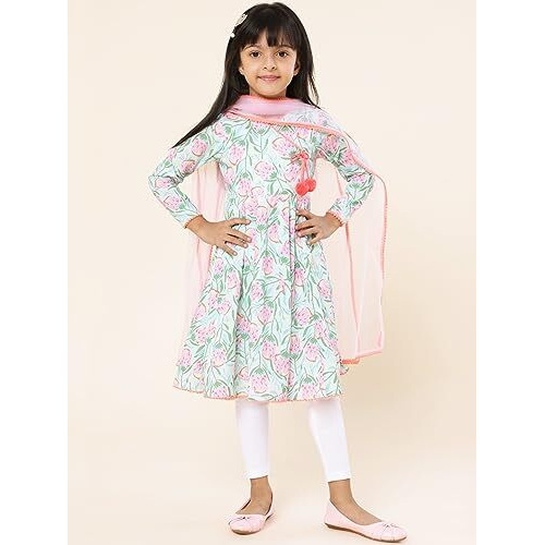 A.T.U.N. (All Things Uber Nice) Girls Printed Angrakha Pure Cotton Kurta With Leggings & Dupatta
