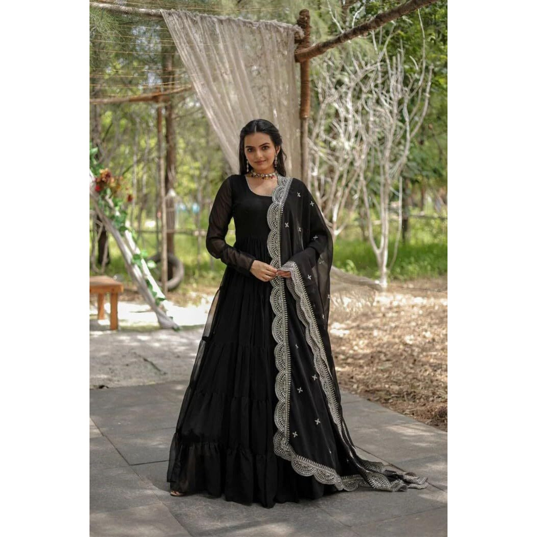 Fashion Basket Georgette Anarkali Kurta Set For Women Black