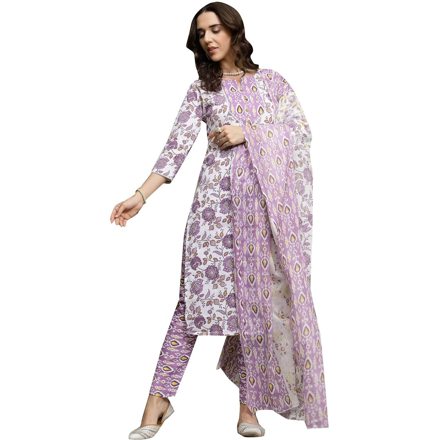 Stylum Women's Floral Printed Cotton Straight Kurta Pant Dupatta Set (Kpdlavendershina38_Lavender, M)