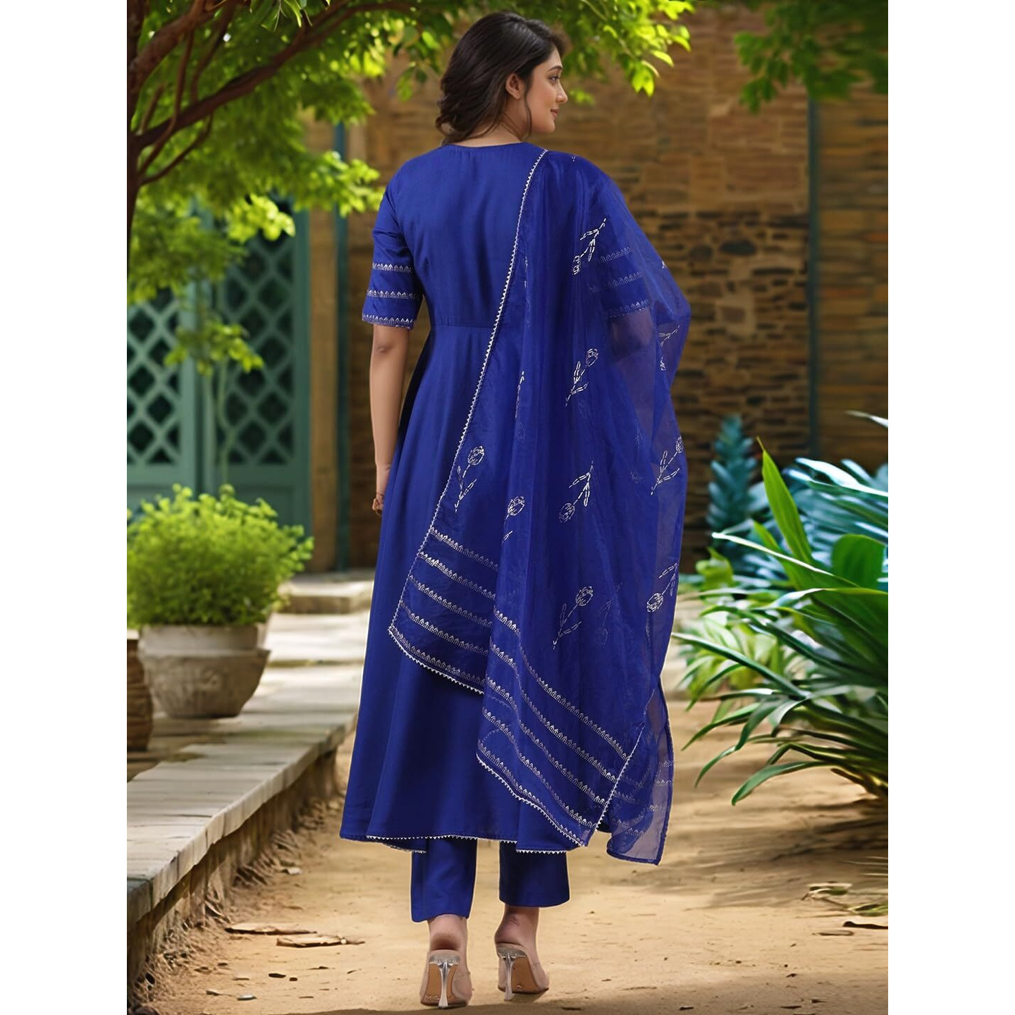 Gosriki Women's Rayon Viscose Anarkali Solid Kurta With Pant & Dupatta (Nirmooha Royal Blue-Vks05-Gs_S_Blue_Small)