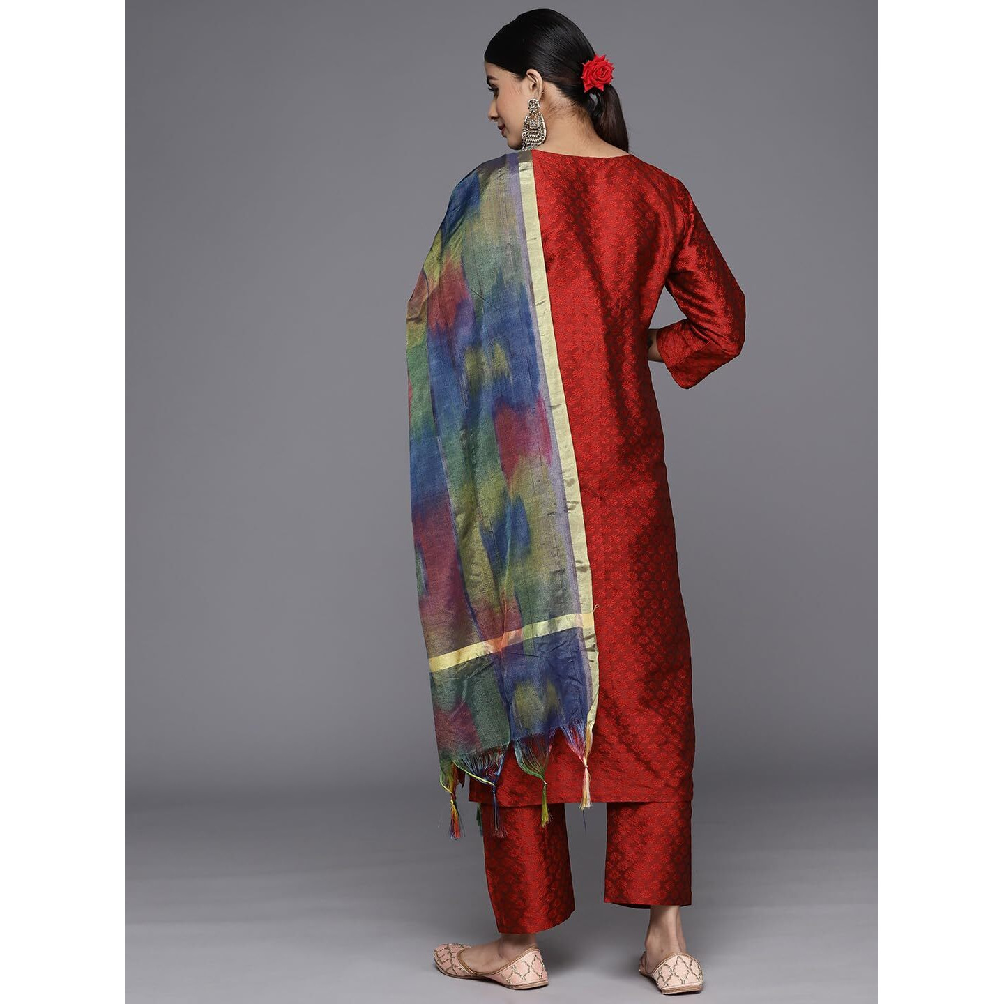 Varanga Women Round Neck Yoke Embroidered Straight Kurta Paired With Tonal Bottom And Printed Dupatta