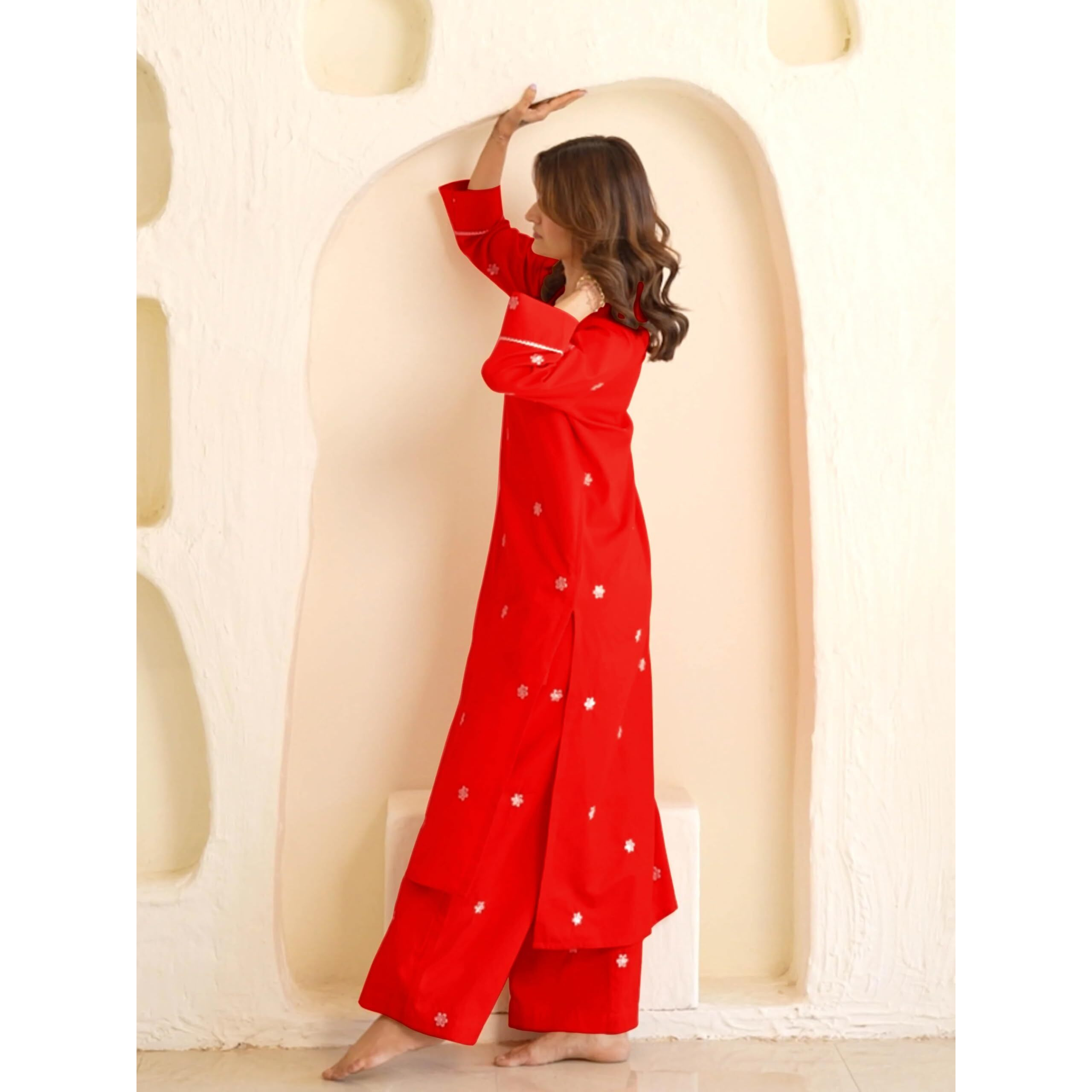 Gosriki Women's Rayon Viscose Straight Embroidered Kurta With Palazzo (Bharavi Red-Gs_M_Red_Medium)