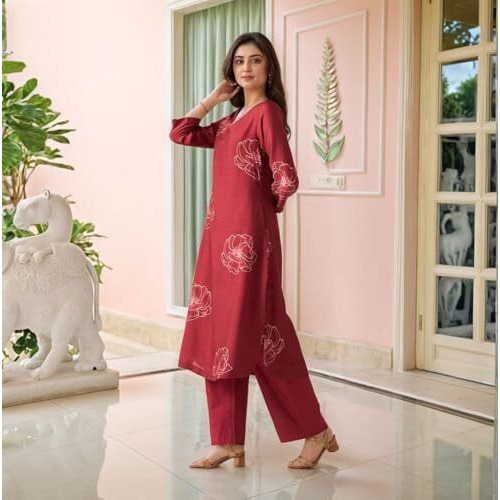 Gosriki Women's Rayon Viscose Printed Straight Kurta With Pant (Twisha Red-Gs_L_Red_Large)