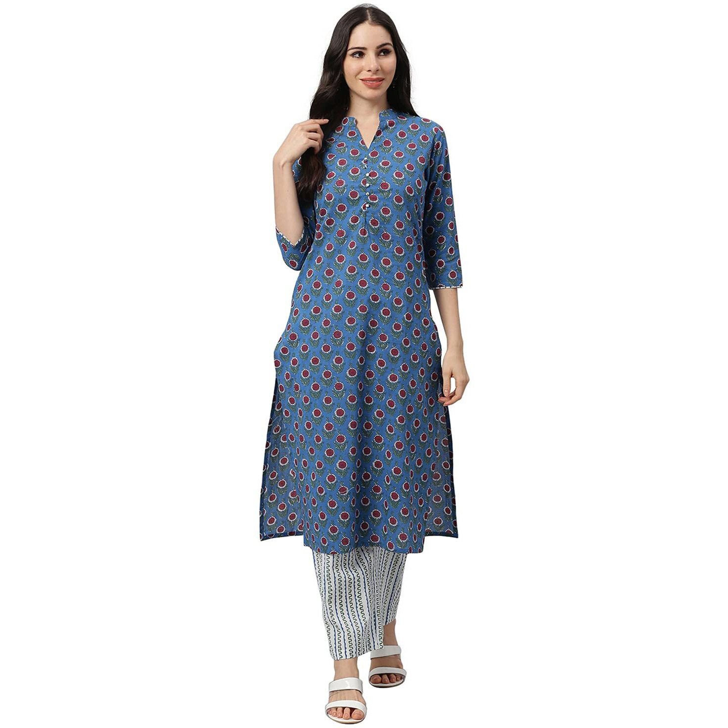 Idalia Royal Blue Printed Kurta With White Printed Palazzo Pants