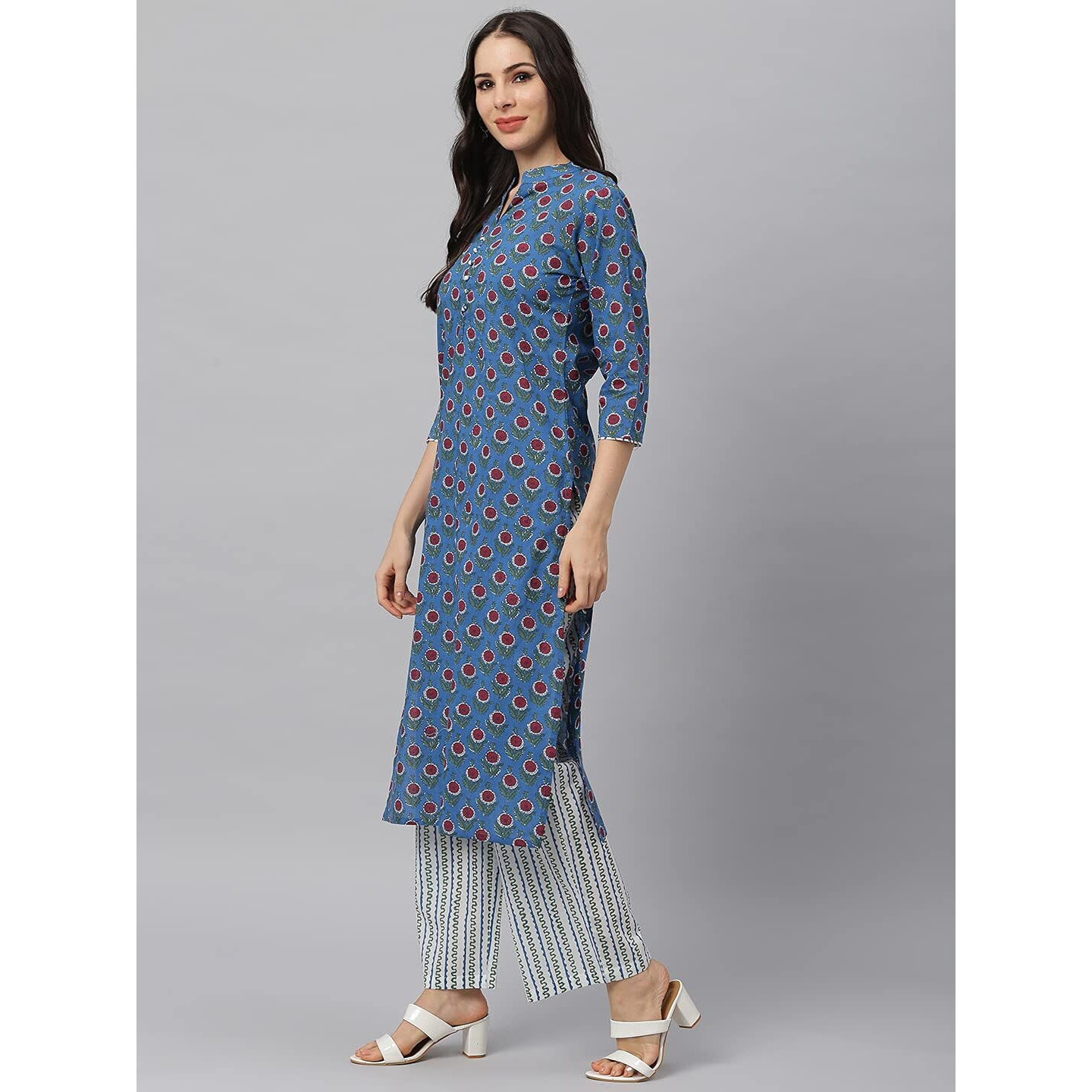 Idalia Royal Blue Printed Kurta With White Printed Palazzo Pants